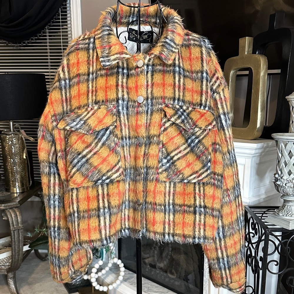 Plaid Teddy Jacket - Orange and Black